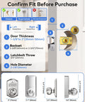 Satin Nickel Smart Keypad Door Lock With Handle Dropping No Sweat Keyless Entry Security To Your Front Door With Smooth App Control and Backup Keys For Family And Guests installation specifications with door measurements and lock dimensions.