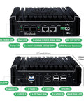 Rock Solid Firewall Mini PC Driven By Intel N150 Featuring Dual Ten G And Dual Two Point Five G LAN Ports, back and front view diagram.