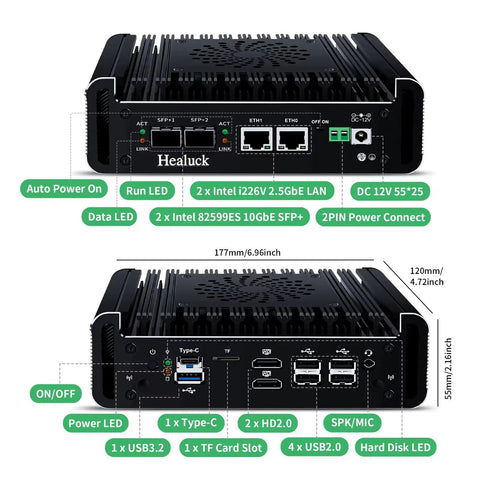 Rock Solid Firewall Mini PC Driven By Intel N150 Featuring Dual Ten G And Dual Two Point Five G LAN Ports, back and front view diagram.