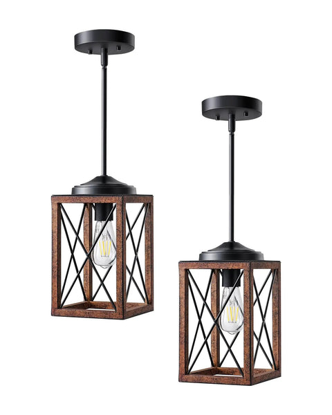 Farmhouse Pendant Light Set, Metal Hanging Fixture With Wooden Grain Finish, 48 Inch Adjustable Pipe System, ETL Listed