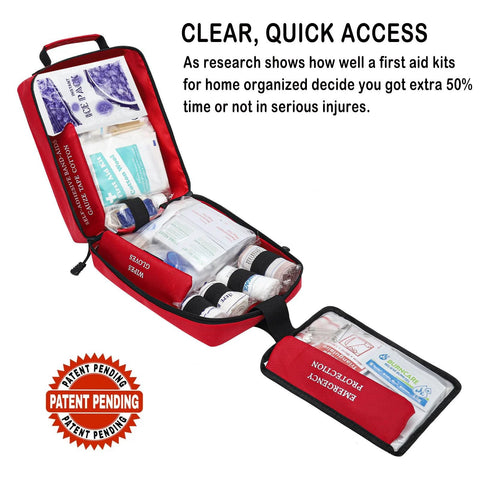 VRIEXSD 400-Piece Large First Aid Kit, red, opened front view showing contents.