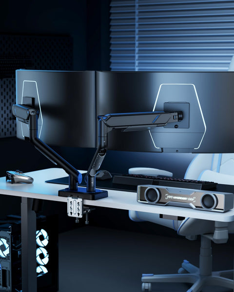 Heavy Duty Dual Monitor Arm For Ultrawide Screens 17 To 45 Inch mounted on a desk with dual curved monitors and sleek design.