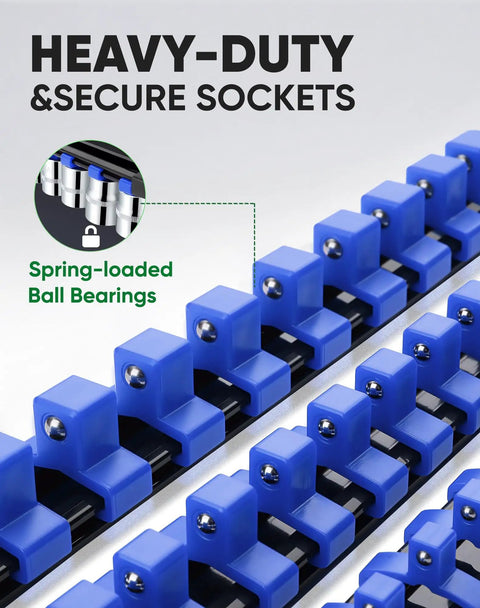 Heavy Duty 3 Piece ABS Socket Organizer With Spring Locked Storage Rails Designed To Grip 3/8 Inch Drive Sockets Firm Through Rough Jobs And Long Garage Shifts While Withstanding Daily Workshop Abuse And Impact