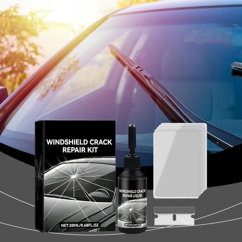 Windshield Repair Kit For Chips And Cracks With Nano Glass Repair Resin Liquid, showing manual, resin, and glass tools