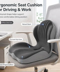 Road Ready Memory Foam Seat Cushion For Tesla Cybertruck And Pickup Trucks With Ergonomic Lumbar Support Beat Back Fatigue Cruiser Booster Pad For Long Haul Trips And Office Desks Black on office chair showing contoured design.