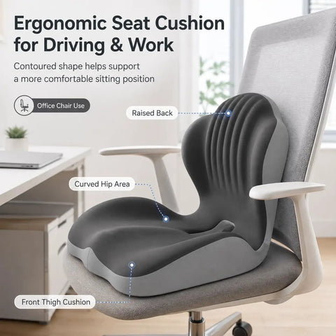 Road Ready Memory Foam Seat Cushion For Tesla Cybertruck And Pickup Trucks With Ergonomic Lumbar Support Beat Back Fatigue Cruiser Booster Pad For Long Haul Trips And Office Desks Black on office chair showing contoured design.