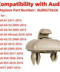 Beige ABS sun visor clip with compatibility list and part number 8U0857562A for Audi models. 2011-2016 A1 A3 S3 fit. Sun Visor Clips Replacement Set For Audi Cars A1 A3 A4 A5 A6 Q3 Q5 TT S3 S4 S5 Allroad Beige ABS Interior Sunscreen Holder Hooks Dope Upgrade Direct Fit Easy Install Durable Car Visor Holder Replacement 2 Pack 8U0857562A.