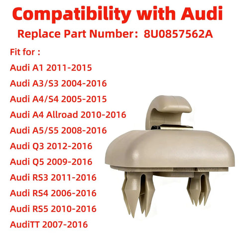 Beige ABS sun visor clip with compatibility list and part number 8U0857562A for Audi models. 2011-2016 A1 A3 S3 fit. Sun Visor Clips Replacement Set For Audi Cars A1 A3 A4 A5 A6 Q3 Q5 TT S3 S4 S5 Allroad Beige ABS Interior Sunscreen Holder Hooks Dope Upgrade Direct Fit Easy Install Durable Car Visor Holder Replacement 2 Pack 8U0857562A.