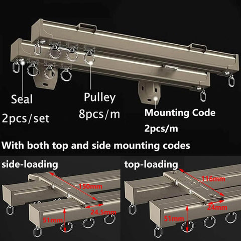Heavy Duty Curtain Track System With Double Ceiling And Wall Mount Quiet Rollers For Room Divider And Sliding Doors In Champagne Finish Ideal For Living Room Bedroom And Closet 4.7 Meter Length Or 15.4 Feet, showing both top and side mounting codes.