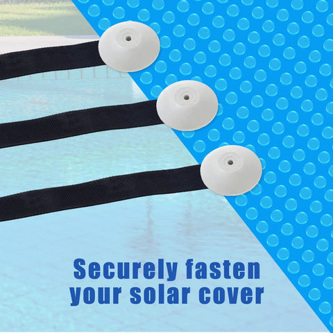 Keep Your Pool Blanket Locked Tight With These Rock Solid Solar Cover Reel Clips Featuring Slick Strap Holders And Dependable Tarp Fasteners For Above Ground And Inground Pools, showing gray ABS clips and black straps.