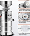 Heavy Duty Commercial Soymilk Maker With Auto Slurry Separator And Wide Mouth Feeder, Stainless Steel Tofu Refiner in detailed assembly view.