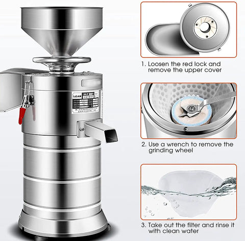Heavy Duty Commercial Soymilk Maker With Auto Slurry Separator And Wide Mouth Feeder, Stainless Steel Tofu Refiner in detailed assembly view.