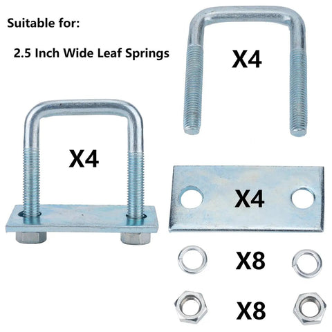 Leaf Spring Clamp Kit Fits Up To 2.5 Inch Wide Leaf Springs, includes four U-bolts, plates, washers, and nuts for trucks and SUVs
