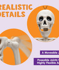 Spooky Hanging 16 Inch Posable Skeleton Set For Halloween Decor shows close-up of skull with moveable jaw and flexible arm joints.