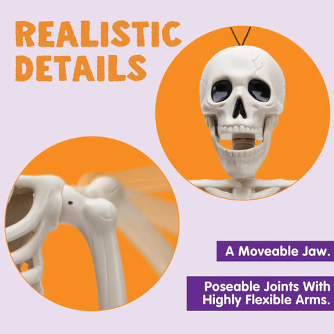 Spooky Hanging 16 Inch Posable Skeleton Set For Halloween Decor shows close-up of skull with moveable jaw and flexible arm joints.