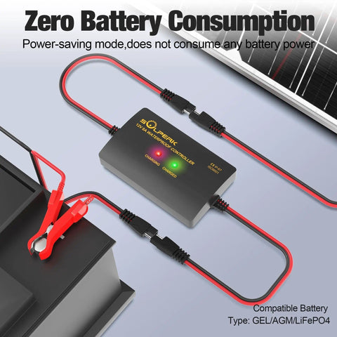 Close-up of smart energy-saving controller in 25W 12V Solar Battery Charger Kit with waterproof panel for cars and outdoor use.