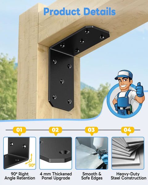 Badass Heavy Duty L Brackets 5 Inch Thick Steel Angle Supports Black 4 Pack For Wooden Shelves Furniture Pergolas on wood frame.