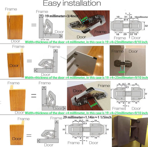 Hidden Cabinet Hinges 10 Piece Frog Style Non Mortise 90 Degree Spring Hinges For Cupboard Wardrobe Doors Soft Close Easy Install Steel Construction For Kitchens And Bathrooms showing installation process and dimensions