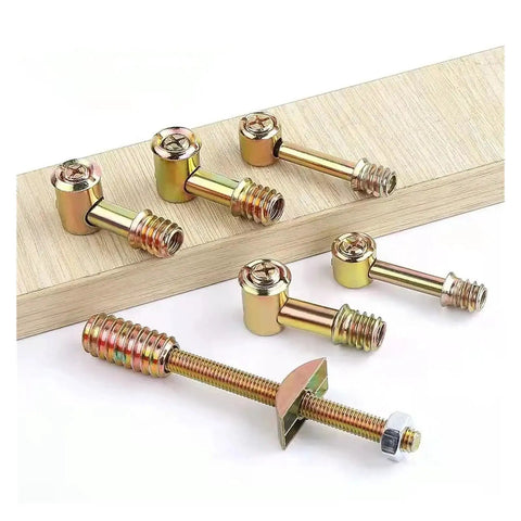 Pro Grade M6 M8 Furniture Connector Set With Hammer Nuts And Eccentric Adjustment, iron connectors on wood plank