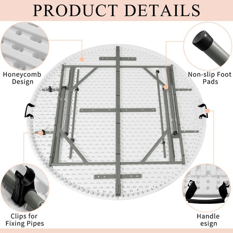 5 Ft Round Folding Table With Carrying Handle, Heavy Duty Portable Plastic Top, Sturdy Steel Legs, underside details