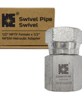 One Half Inch NPTF Female To One Half Inch NPSM Swivel Hydraulic Adapter With Carbon Steel Zinc Plated Construction Rust Resistant Ultra Durable And Precise Straight Swivel For Hydraulic Hoses And Valves on box