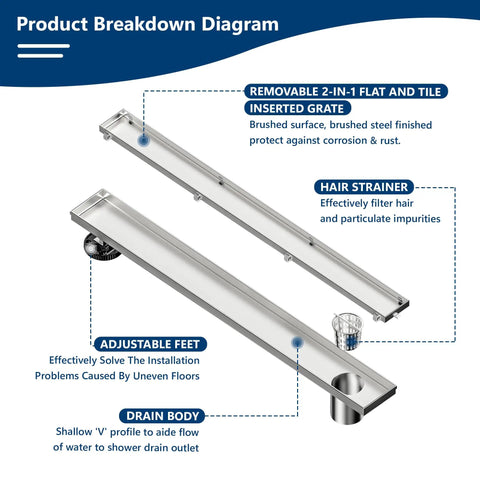 32 Inch Offset Linear Shower Drain With Tile Insert Grate Cover, Brushed 304 Stainless Steel, Side Outlet Floor Drain, Easy Install Adjustable Leveling Foot, Hair Strainer Catcher, High Flow 36 L Per Min