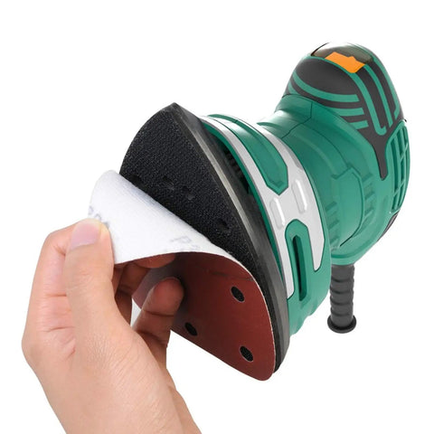 Person attaching 120 Piece Sanding Sheets For Mouse Sander With 11 Hole Dust Removal Mixed Grits 40 60 80 120 180 240 From Coarse To Fine