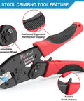 Close-up of a crimping tool with cushioned handle, adjustable wheel, and quick release for 6 Piece Ratcheting Crimping Tool Set For Wire Crimping With Pro Grade Performance On Heat Shrink, Insulated Nylon And Non Insulated Terminals, Ferrule Terminals, Open Barrel Terminals, And Solar Connectors.