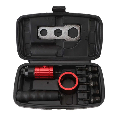 Professional Cordless Drill Rivet Nut Tool Adapter Kit For Fastening Metal Sheets Cars And Aluminum Boats With 5 Mandrels Carry Case, open case