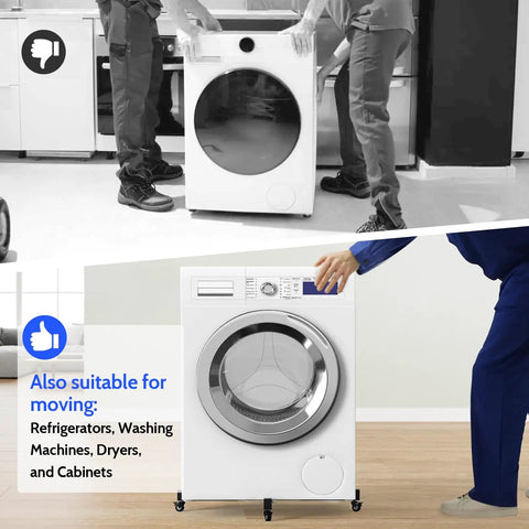 Expandable Heavy Duty Plant Caddy Wheel Base 21 To 30 Inch Rolling Dolly Stand Built Tough Steel Frame in use moving a washing machine.