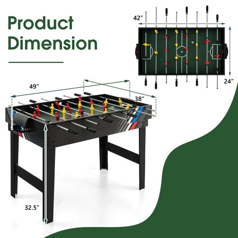 Product dimensions of 49 Inch 4 In 1 Combo Game Table Featuring Fast Swap Foosball, measuring 49" x 38" x 32.5".