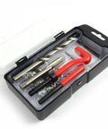 15 Piece M14x1.5 Thread Repair Kit With Helicoil Inserts, HSS Drill Bits And Taps For Auto Repair And Motorcycle Maintenance, Gearhead Approved Durable Steel Set For Easy Thread Restoration And Quick Vehicle Fixes in open black case showing components and accessories for repairs.