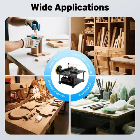 Compact Mini Table Saw For DIYers, Adjustable 0 to 90 Degree Angle, in workshop settings with wood and craft materials