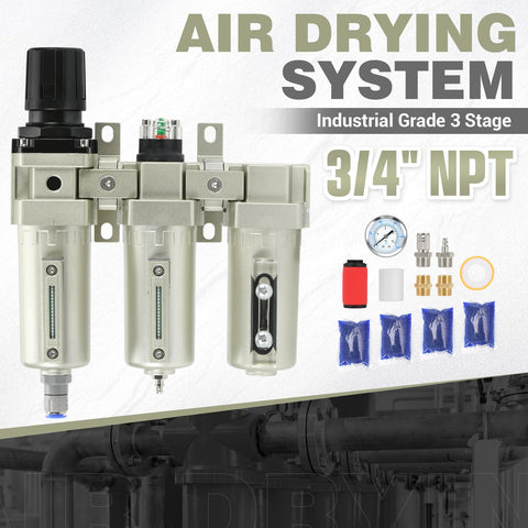 Beefy Pro Grade Three Quarter Inch NPT Industrial Three Stage Air Dryer For Compressor With Particulate Filter Coalescing Filter Desiccant Dryer And Air Regulator Metal Bowl Auto Drain Built For Paint Spray And Plasma Cutter visible with accessories
