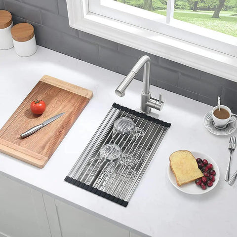 Kitchen with 10 Inch Bar Sink Undermount For Wet Bars And Small Kitchens, 16 Gauge T304 Stainless Steel, showing faucet and drying rack.