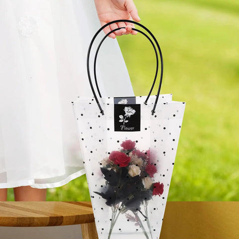 Flower Bouquet Wrap Bag With Handle For Easy Carry And Display shown with roses inside, ideal for floral arrangements and gift wrapping.