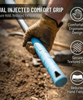 Close-up of a hand holding the ergonomic grip of a 5 Lb Steel Pick Mattock With 36 Inch Fiberglass Handle For Heavy Duty Digging.
