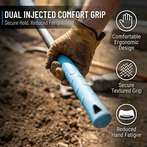 Close-up of a hand holding the ergonomic grip of a 5 Lb Steel Pick Mattock With 36 Inch Fiberglass Handle For Heavy Duty Digging.