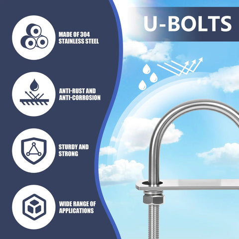 Four Set M8 Stainless Steel U Bolts Kit With Nuts Washers And Plate 40mm Wide 90mm Long 304 Grade infographic features and benefits