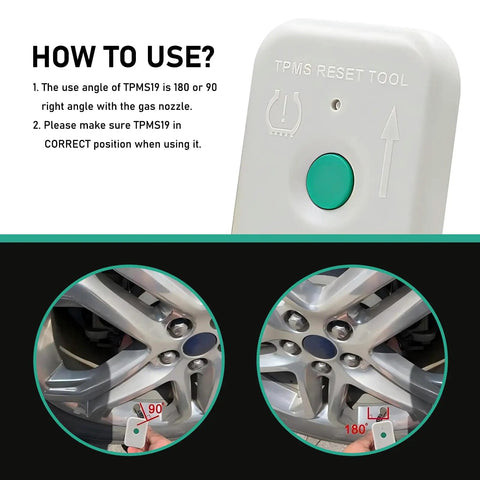 Instructional image showing the TPMS Tire Pressure Reset Tool For Automotive Diagnostics And Programming Training Tool with 180 and 90 degree nozzle operation for Ford Lincoln Mazda models.