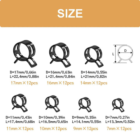 84 Piece 7 To 17 mm Fuel Line Hose Clamps Spring Clamp Set With Labeled Storage Box For Automotive Use Durable 65Mn Manganese Steel Black Finish
