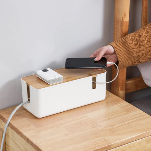Cable Management Box With Bamboo Lid For Hiding Extension Cords And White Surge Protectors Perfect Desk Or Nightstand Cord Concealer