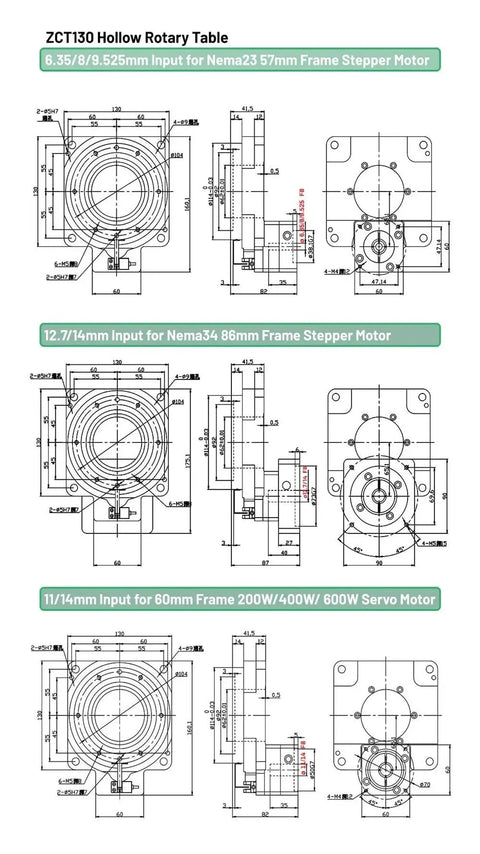 ZCT130 Hollow Rotary Table dimensions for Built Tough CNC Hollow Rotary Actuator With 360 Degree Turntable for Precision Machining.
