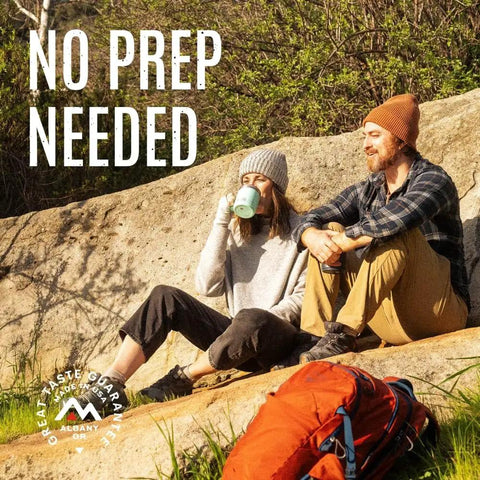 Two campers enjoy a break sitting on a rock with a backpack nearby, under 'No Prep Needed' text.