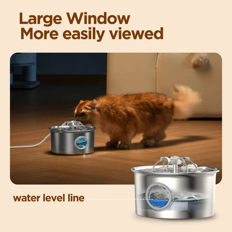 Stainless Steel Cat Water Fountain Two Point Six Liter Ultra Quiet Pet Fountain With Flower Spout and LED Blue Light next to a cat indoors.