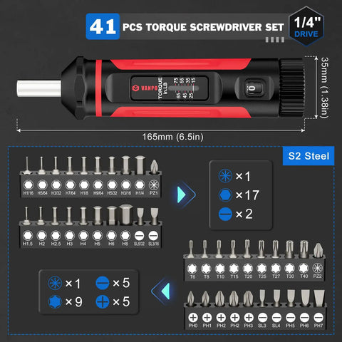 Beefy 41-Piece Torque Screwdriver Set With 15-75 In-Lb Click-Type Torque Driver, One-Quarter Inch Drive, S2 Alloy Steel Bits, Includes Phillips Pozidriv Slotted Torx Hex Bits In Compact Case For Gunsmithing, Bike Repair, And Scope Mounts, shown with bit set and dimensions