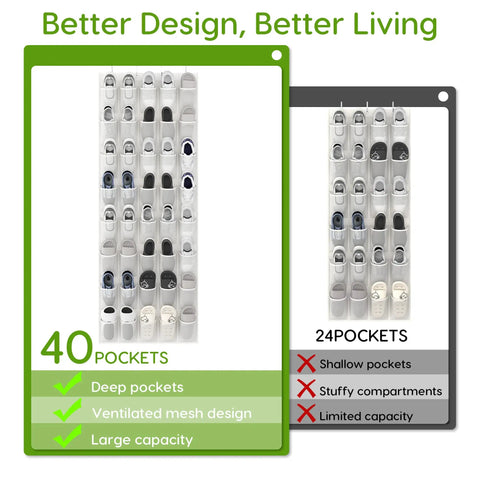 Comparison of Over The Door Shoe Organizer With 40 Large Breathable Mesh Pockets and smaller 24-pocket version