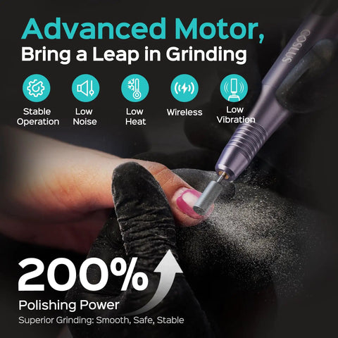 Electric Nail Drill Cordless Led Screen 25 Speeds Lightning Fast Manicures Pedicures showing a hand using the drill for polishing nails.