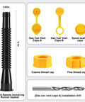 Two Pack Black Gas Can Spout Replacement Kits With Yellow HDPE Nozzles Eight Point One Inch Tube Fits Most One Half One Five And Ten Gallon Cans close-up with vent caps and thread caps