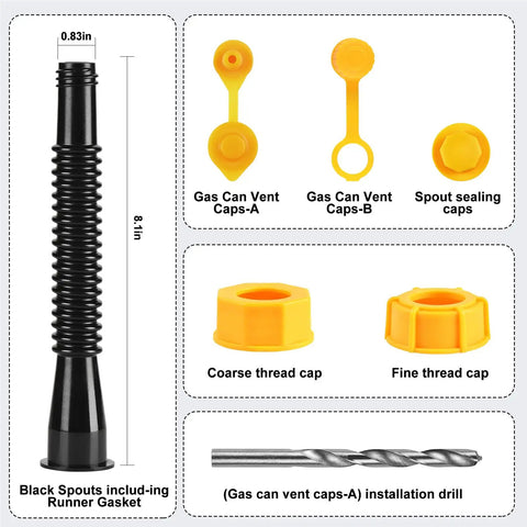 Two Pack Black Gas Can Spout Replacement Kits With Yellow HDPE Nozzles Eight Point One Inch Tube Fits Most One Half One Five And Ten Gallon Cans close-up with vent caps and thread caps